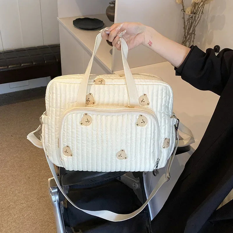 Sac à couches pour maman, coton beige, motif ours, fermeture éclair