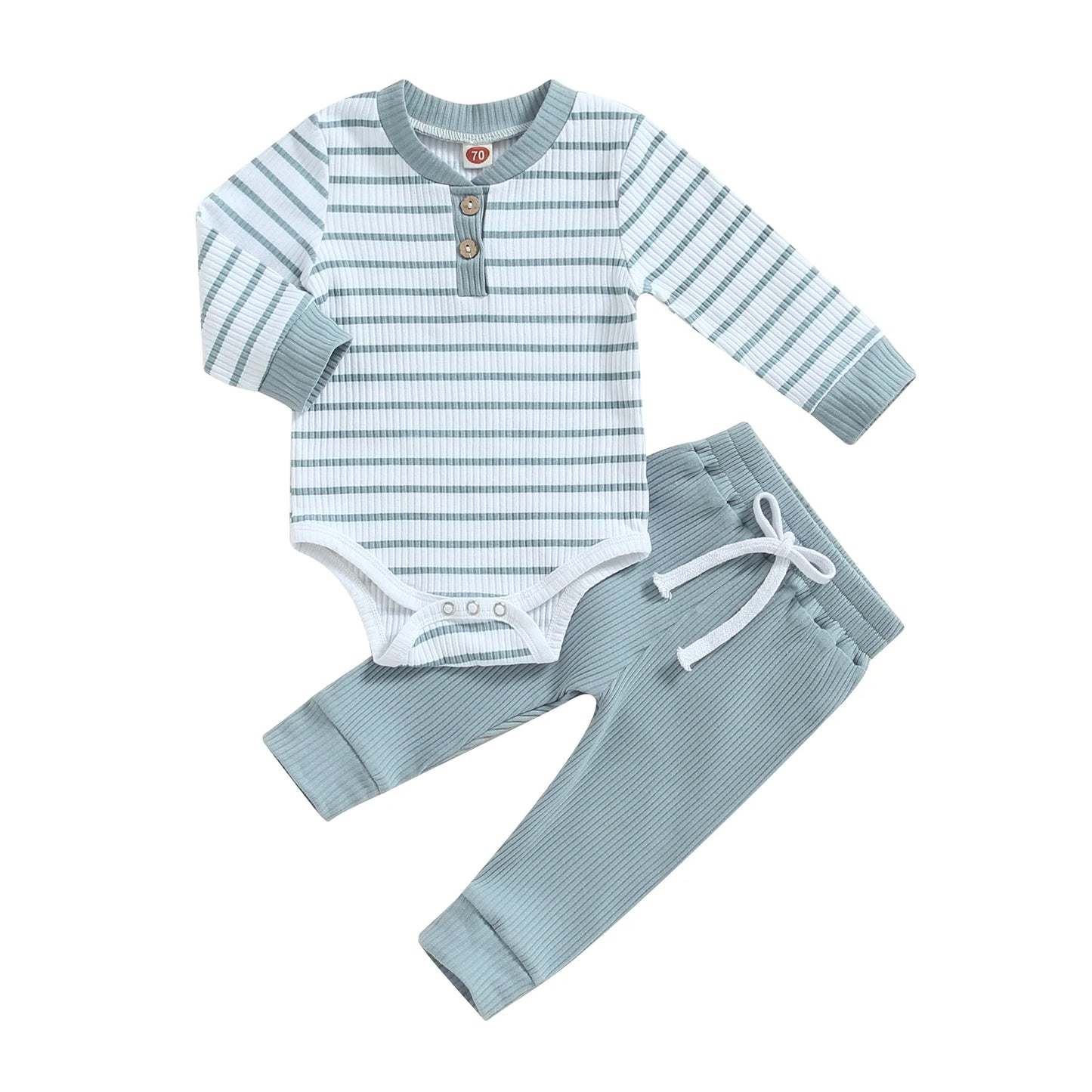 Ensemble bébé garçon automne – barboteuse rayée manches longues + pantalon