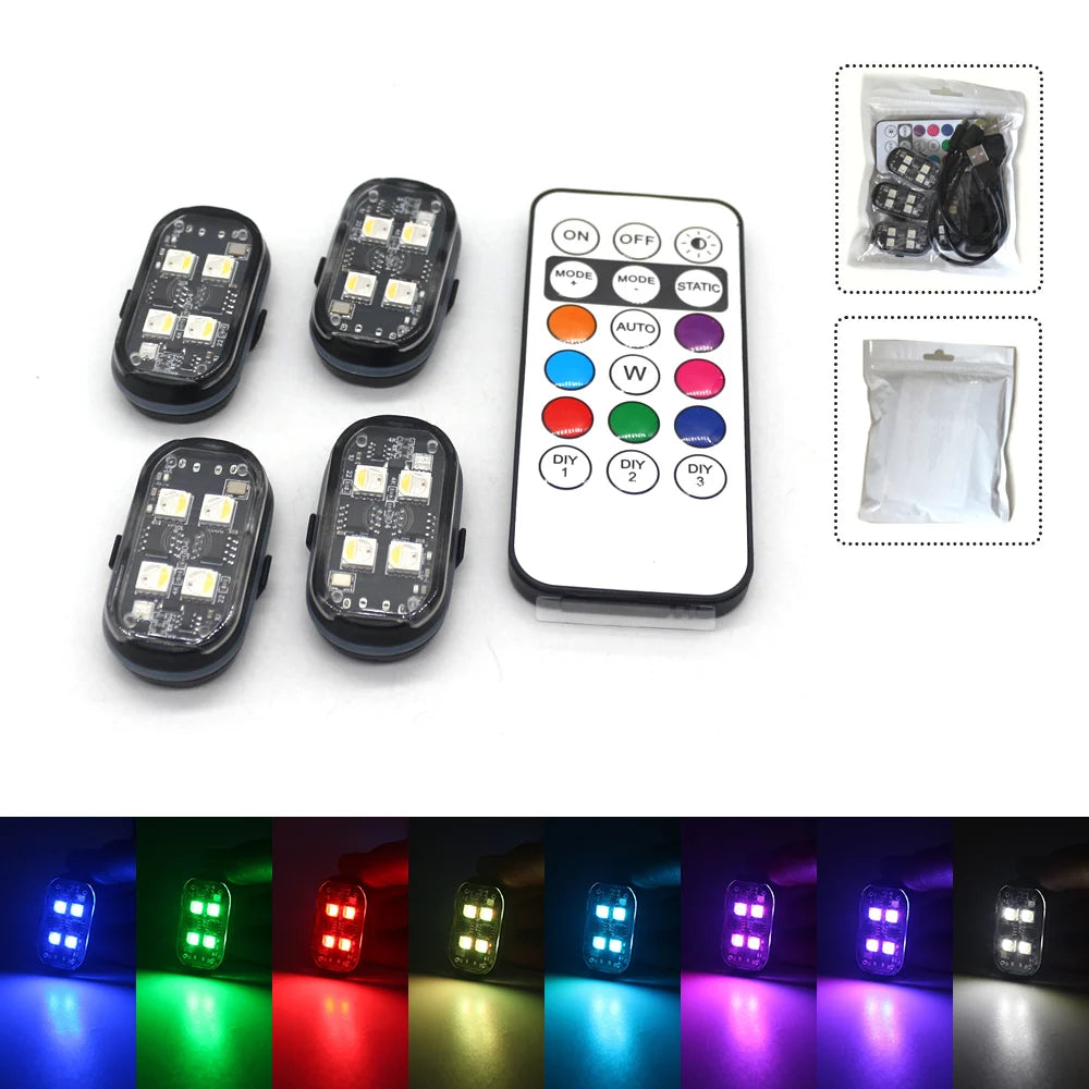 Lumières stroboscopiques LED sans fil, lumière d'ambiance de décoration de voiture, lumières Led rechargeables 8 couleurs, voyant d'avertissement Anti-Collision, 2/4 pièces
