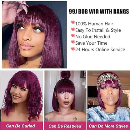 Perruque Bob droite 99J cheveux humains brésiliens – Coupe émoussée sans colle, dentelle frontale, qualité machine, style naturel luxe