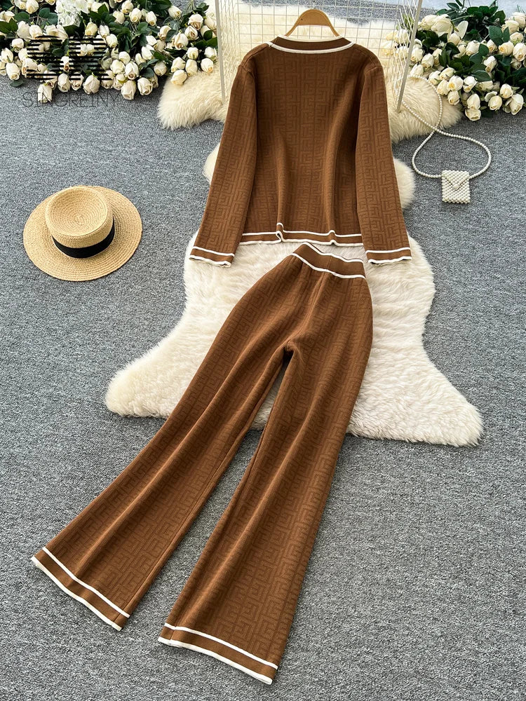 Ensemble 2 Pièces Femme – Tricot Imprimé Chic, Cardigan Chaud + Pantalon Large Décontracté