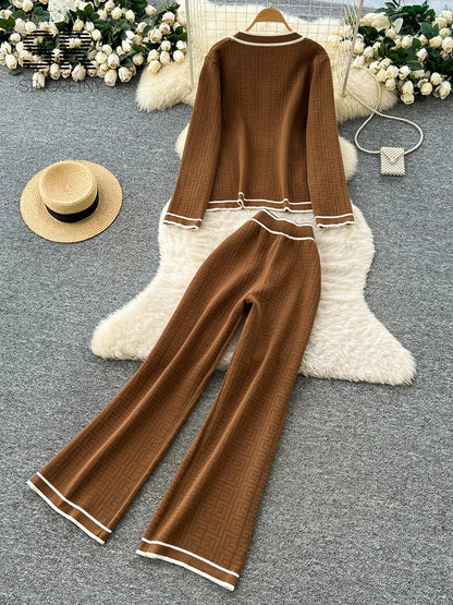 Ensemble 2 Pièces Femme – Tricot Imprimé Chic, Cardigan Chaud + Pantalon Large Décontracté