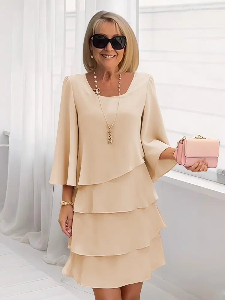 YIKOOLIN Robe Femme Chic – Mi-Longue en Mousseline, Style Irrégulier, Col Rond Printemps-Été