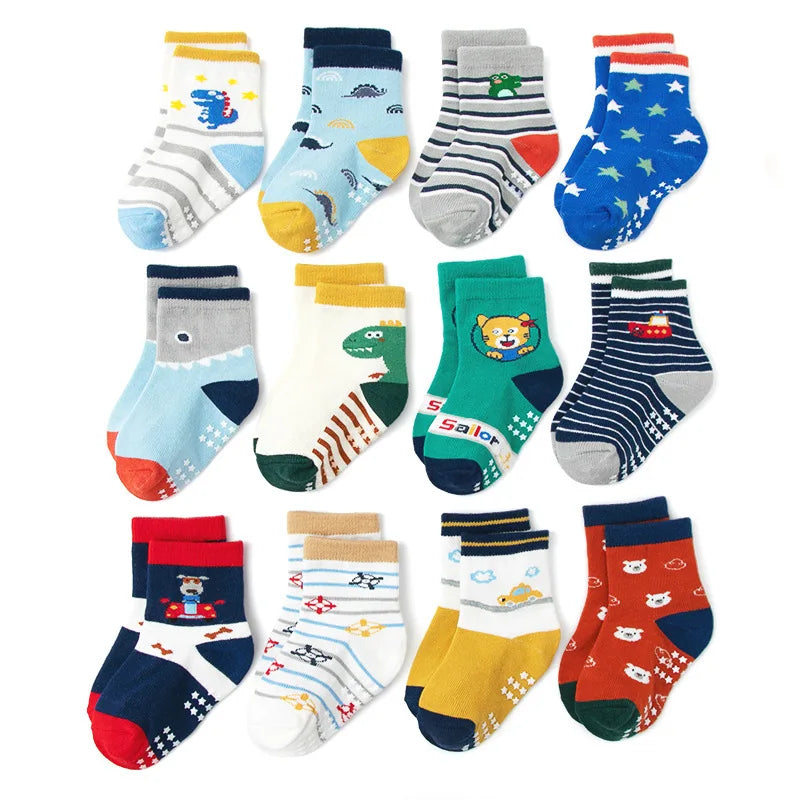 Chaussettes coton enfant/bébé – antidérapantes, respirantes, dessins animés (lot 1‑12 paires)