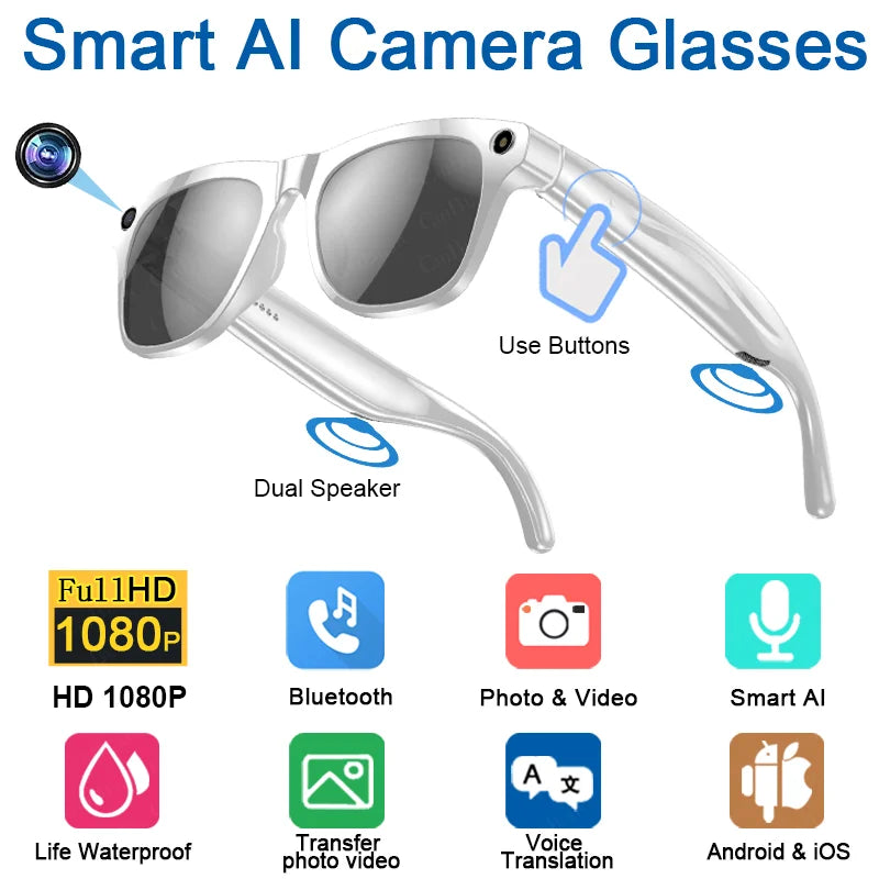 Lunettes Intelligentes 2025 4K HD AI, Bluetooth, Appels, Lampe LED, Assistant Vocal, Batterie 260mAh .