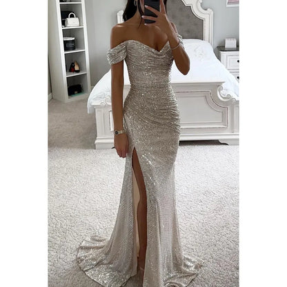 Robe Élégante Femme – Longue Coupe Sirène, Paillettes Champagne, Épaules Dénudées Chic