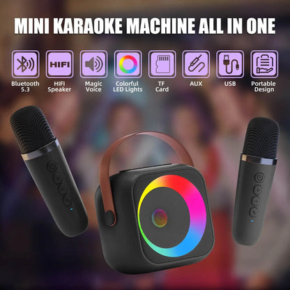Mini machine karaoké Bluetooth enfants K12, portable avec 2 micros sans fil.
