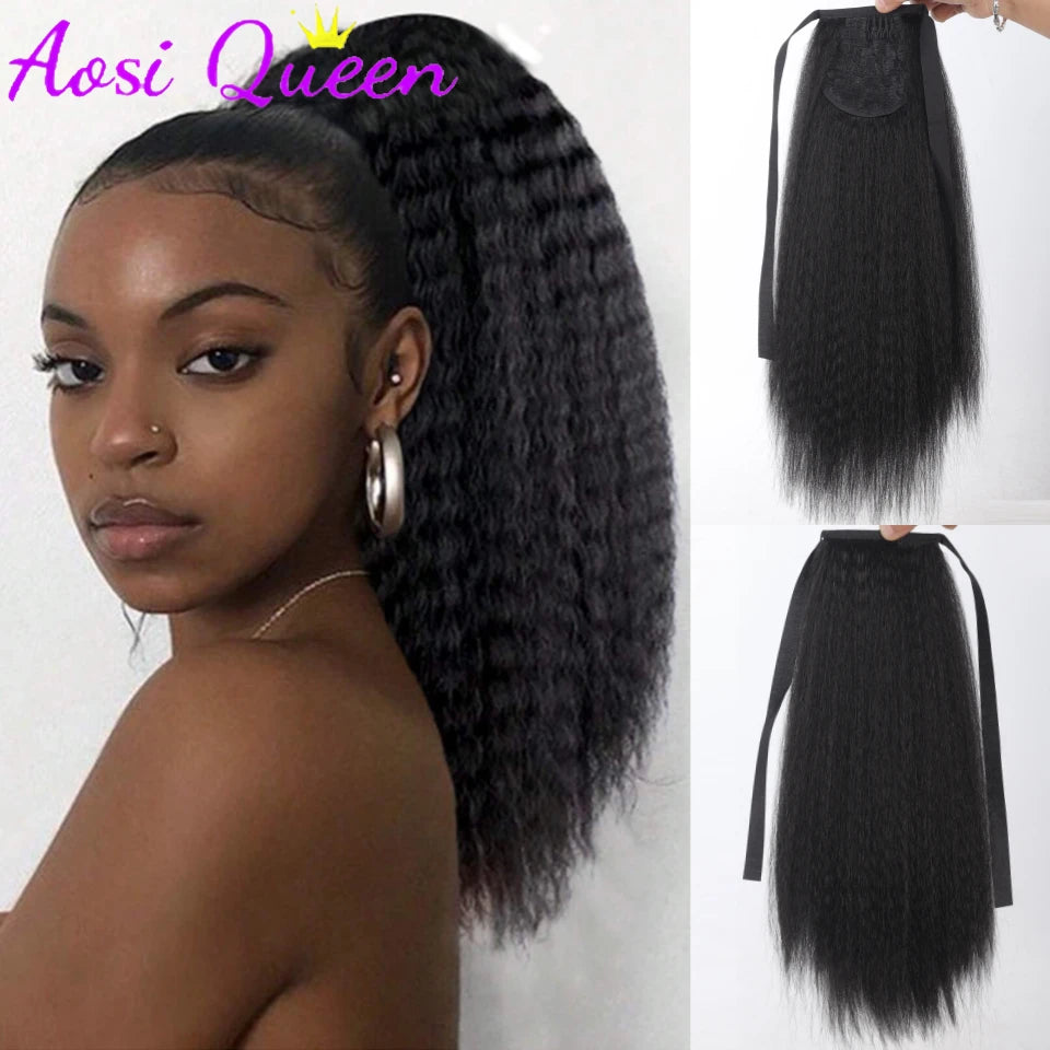 Synthetic Yaki Curly Ponytail, 18", Natural Black.