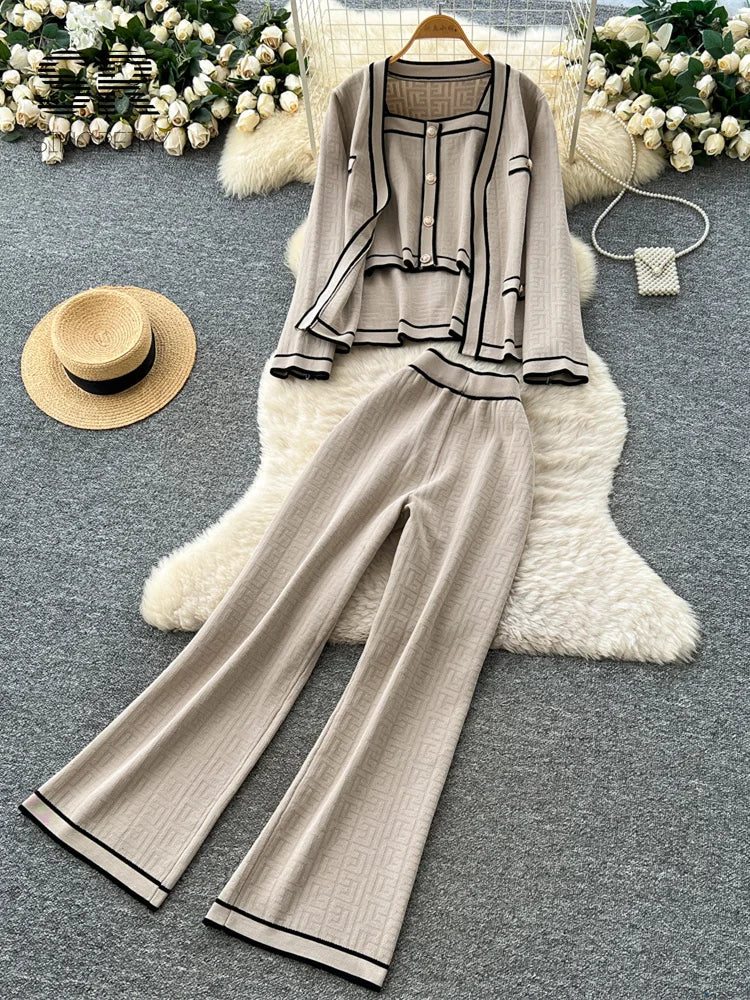 Ensemble 2 Pièces Femme – Tricot Imprimé Chic, Cardigan Chaud + Pantalon Large Décontracté