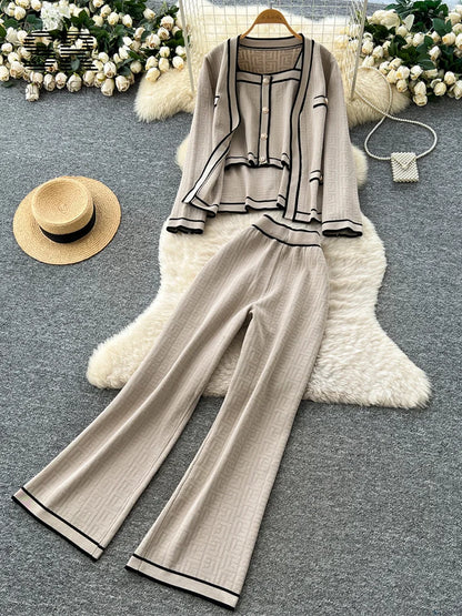 Ensemble 2 Pièces Femme – Tricot Imprimé Chic, Cardigan Chaud + Pantalon Large Décontracté