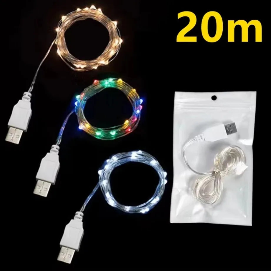 Guirlande LED 1-20m étanche USB fil cuivre/argent – Lumières fée déco fête Noël mariage