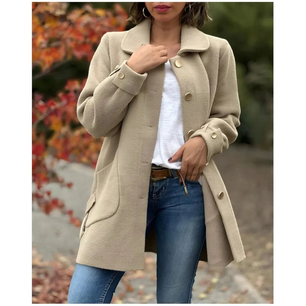 Veste Femme Automne-Hiver – Pardessus Décontracté à Revers, Couleur Unie avec Poches Chic
