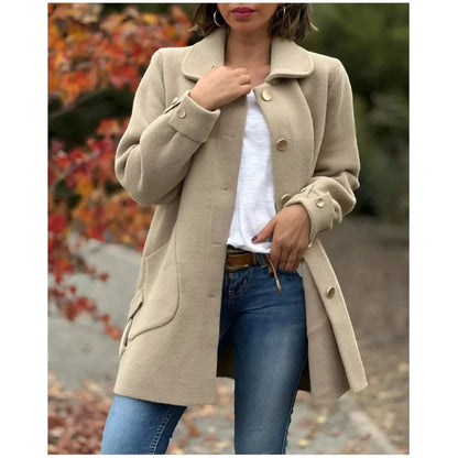 Veste Femme Automne-Hiver – Pardessus Décontracté à Revers, Couleur Unie avec Poches Chic