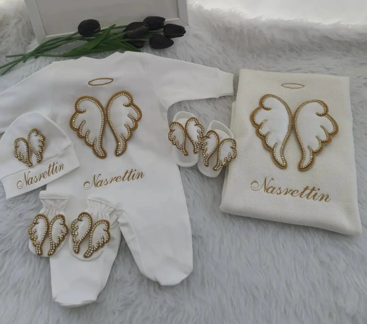 Barboteuse Bébé Jetable avec Nom, Ailes d'Ange, Sortie de Maternité .