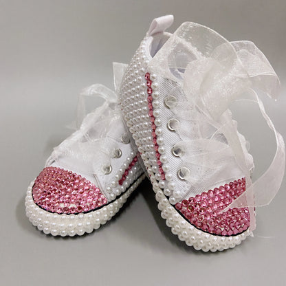 Chaussures bébé blanches à perles et strass, fait main, baptême 0-3m