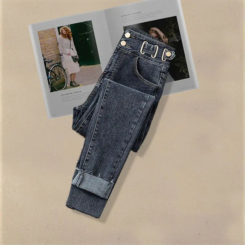 Ensemble jean femme – Vintage, 2 pièces, pull tricot effet faux, pantalon taille haute, style coréen