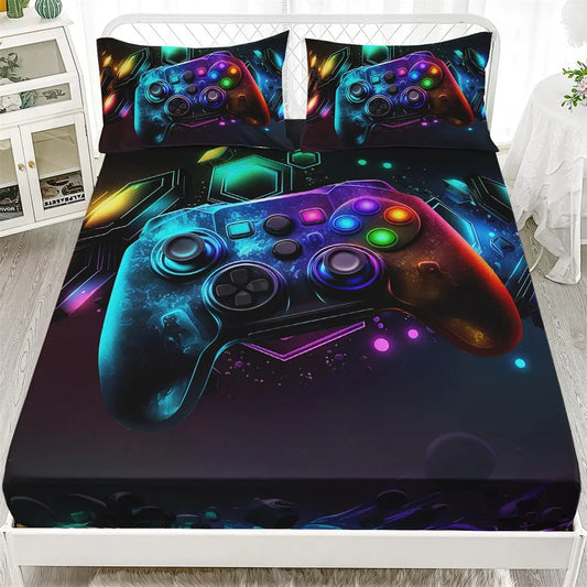 Ensemble 2 pièces imprimé 3D : 1 drap-housse + taie d'oreiller. –manette de jeu, déco chambre