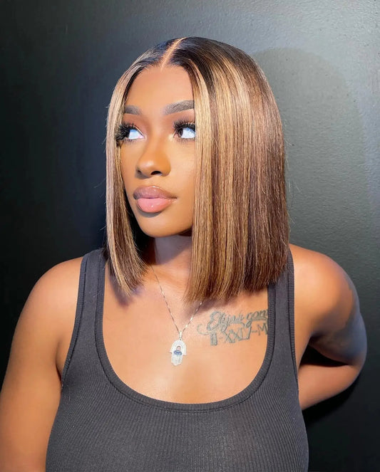 Perruque Bob droite 13x4 Remy cheveux humains ombré 4/27, dentelle transparente, pour femmes noires .