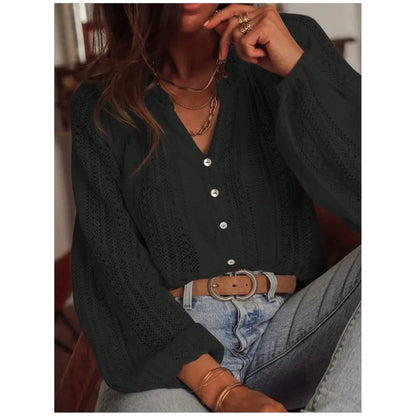 Blouse Chic Femme – Chemise Dentelle Évidée, Col V à Boutons, Manches Longues Élégantes
