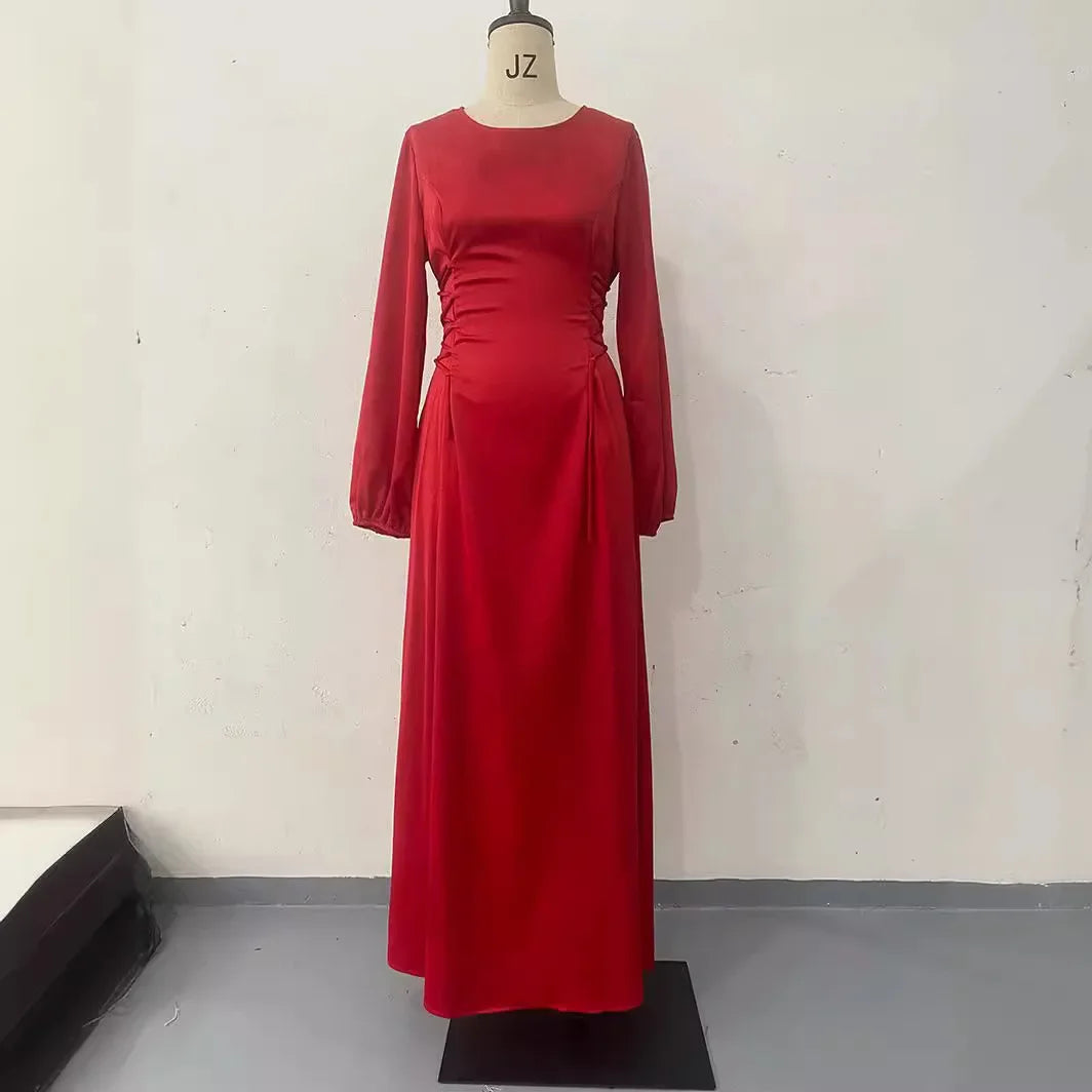Abaya chic femme – Robe slim à lacets et col rond, style musulman, soirée