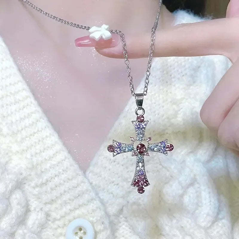 Collier Croix Cristal Punk Femme Fille Mode Y2K﻿
