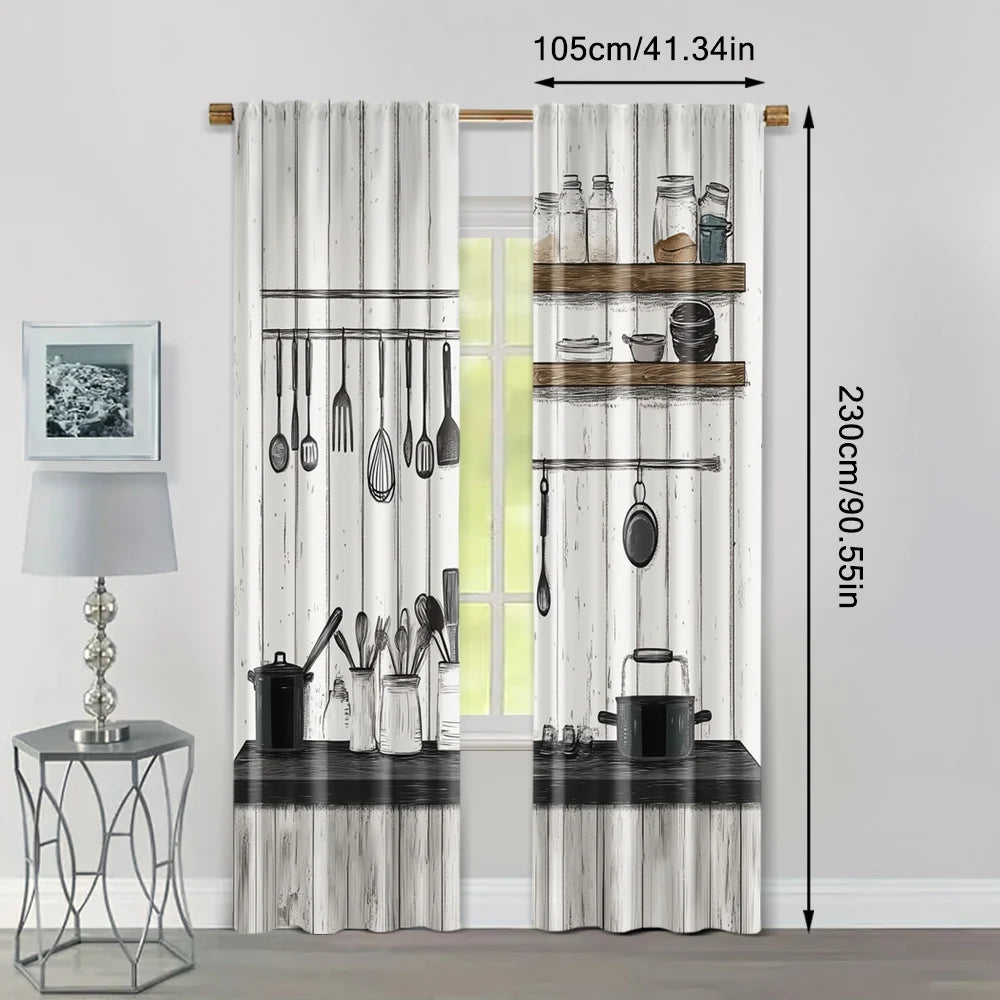 2 pièces rideaux cuisine, tissu imprimé 2D lavable en machine, sans tige, déco maison