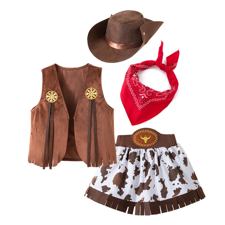 Costume Cowboy fille – Ensemble 4/5 pièces, jupe, gilet, cosplay Halloween