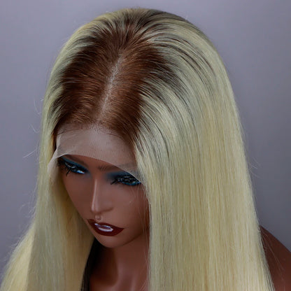 Perruque lace frontal 13x6 ombré blonde 613 racine brune – cheveux humains droits, pré‑plumée