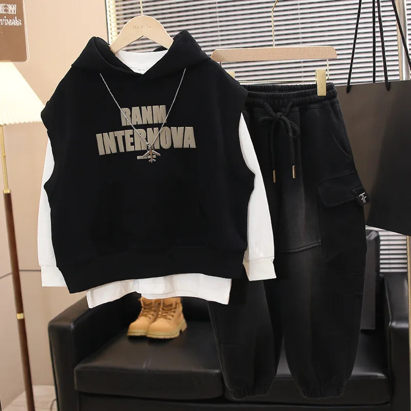 Ensemble Gilet Garçon – Capuche et Manches Longues, Tenue Coton Doux pour Printemps et Automne