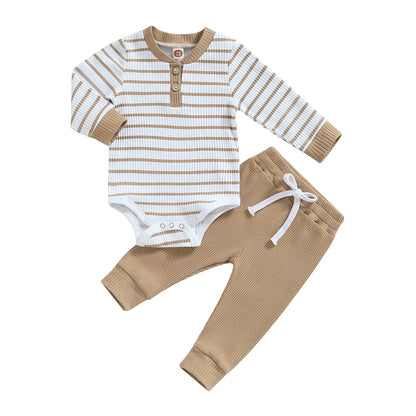 Ensemble bébé garçon automne – barboteuse rayée manches longues + pantalon