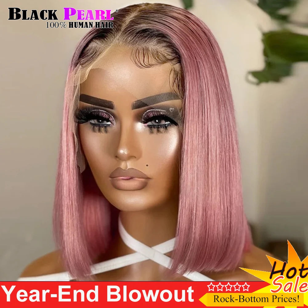 Perruque Bob rose droite – Cheveux humains, courte, dentelle avant, noeuds blanchis, pré-plumée, transparente