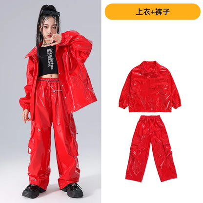 Costume Danse Jazz Garçon Filles, Pantalon Cuir Brillant Rouge, Streetwear Hip Hop Scène .