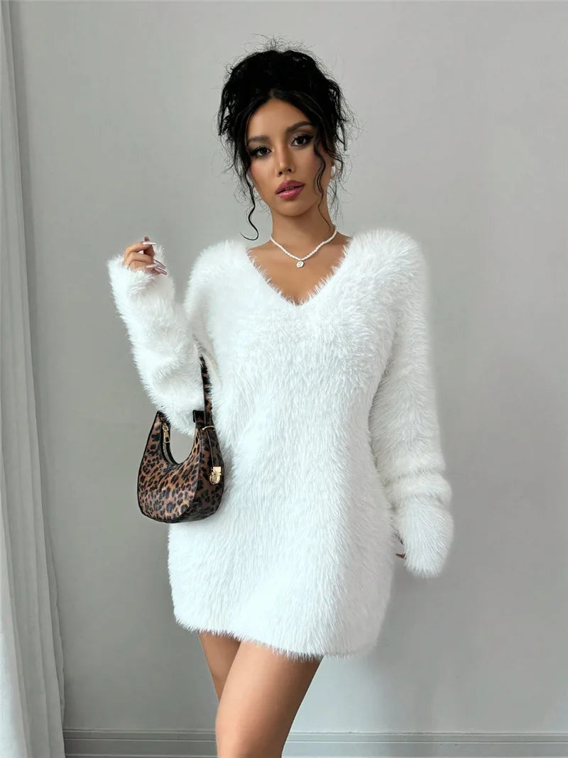 Robe en peluche femme manches longues col rond hiver