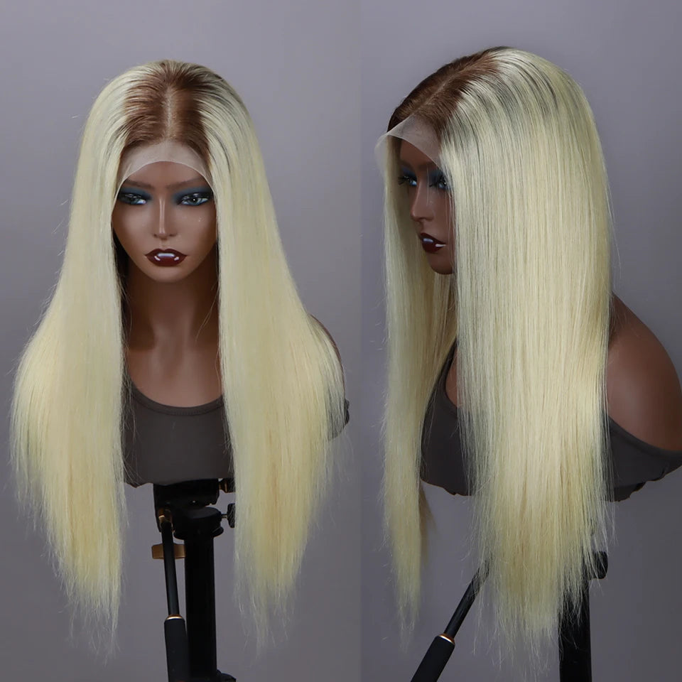 Perruque lace frontal 13x6 ombré blonde 613 racine brune – cheveux humains droits, pré‑plumée