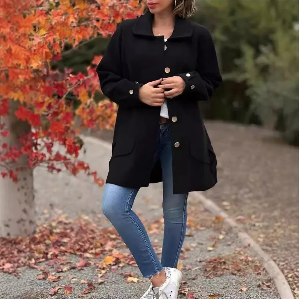 Veste Femme Automne-Hiver – Pardessus Décontracté à Revers, Couleur Unie avec Poches Chic