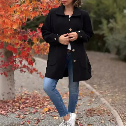 Veste Femme Automne-Hiver – Pardessus Décontracté à Revers, Couleur Unie avec Poches Chic