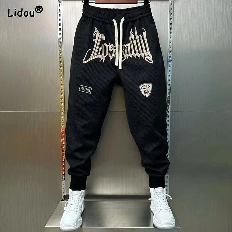 Pantalon Harlan à lacets élastiques brodés pour hommes, poches de pieds, mode décontractée élégante, printemps et automne,