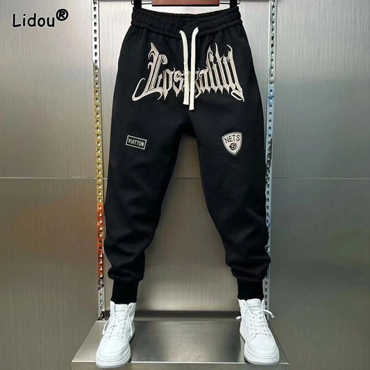 Pantalon Harlan à lacets élastiques brodés pour hommes, poches de pieds, mode décontractée élégante, printemps et automne,