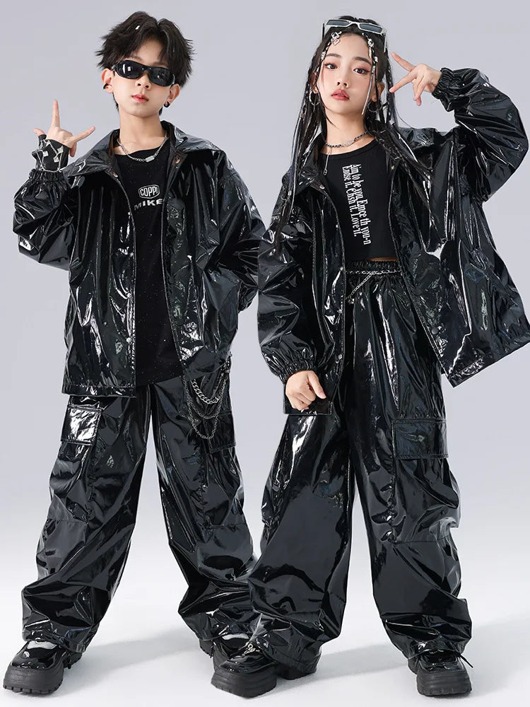 Costume Danse Jazz Garçon Filles, Pantalon Cuir Brillant Rouge, Streetwear Hip Hop Scène .