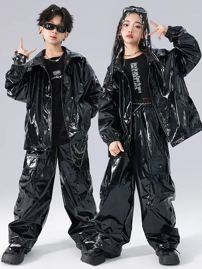 Costume Danse Jazz Garçon Filles, Pantalon Cuir Brillant Rouge, Streetwear Hip Hop Scène .