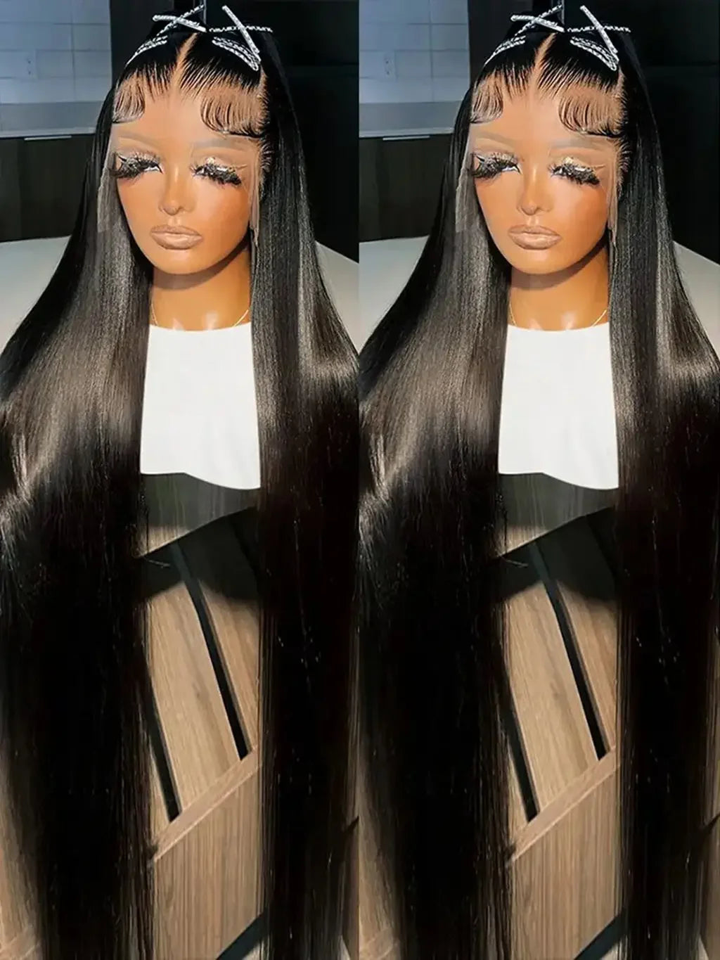 Perruque Lace Front synthétique lisse 13x4 noire, pré-épilée, baby hair, sans colle .