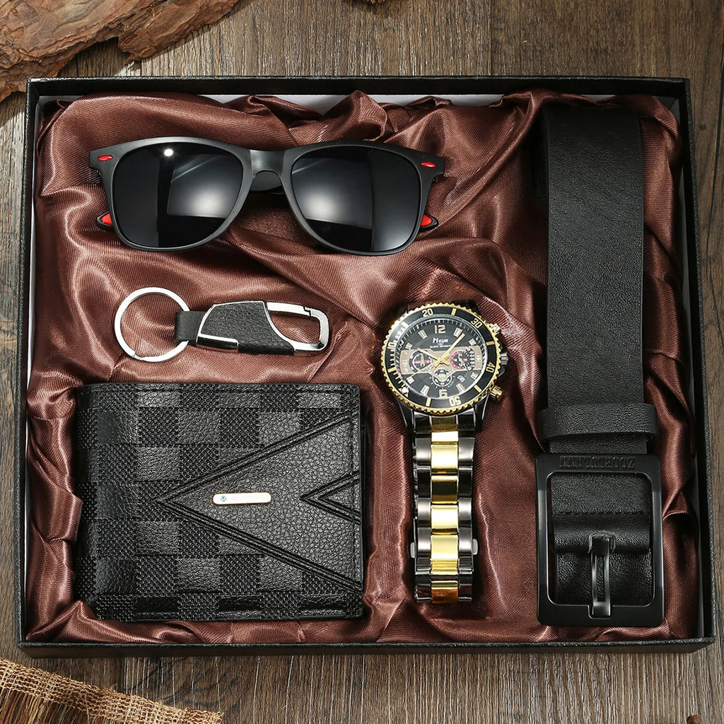 Coffret homme élégant – Montre, accessoires : portefeuille, ceinture, lunettes, porte-clés, tondeuse, cadeau luxe