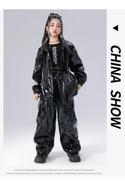 Costume Danse Jazz Garçon Filles, Pantalon Cuir Brillant Rouge, Streetwear Hip Hop Scène .