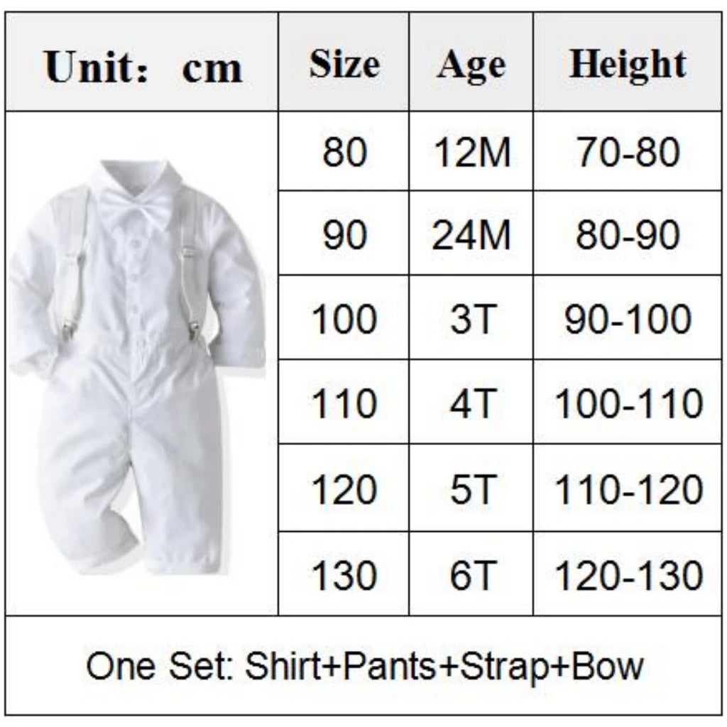 Costume blanc garçon – Baptême, mariage, chemise, pantalon à bretelles, 1-6 ans
