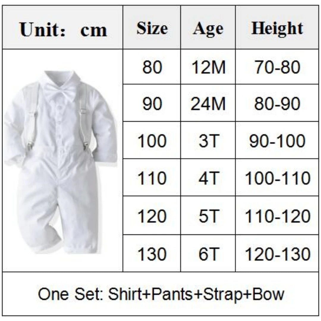 Costume blanc garçon – Baptême, mariage, chemise, pantalon à bretelles, 1-6 ans