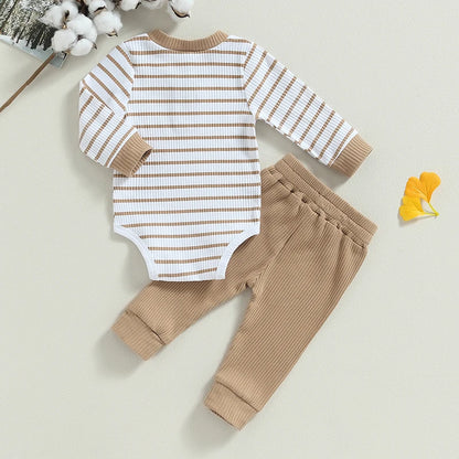 Ensemble bébé garçon automne – barboteuse rayée manches longues + pantalon
