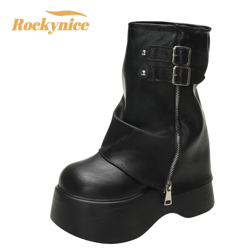 Bottines Mi-Mollet Femme – Cuir Souple Style Britannique, Plateforme 9 cm, Bottes Tendance Moto Automne Hiver