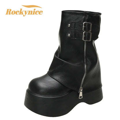 Bottines Mi-Mollet Femme – Cuir Souple Style Britannique, Plateforme 9 cm, Bottes Tendance Moto Automne Hiver