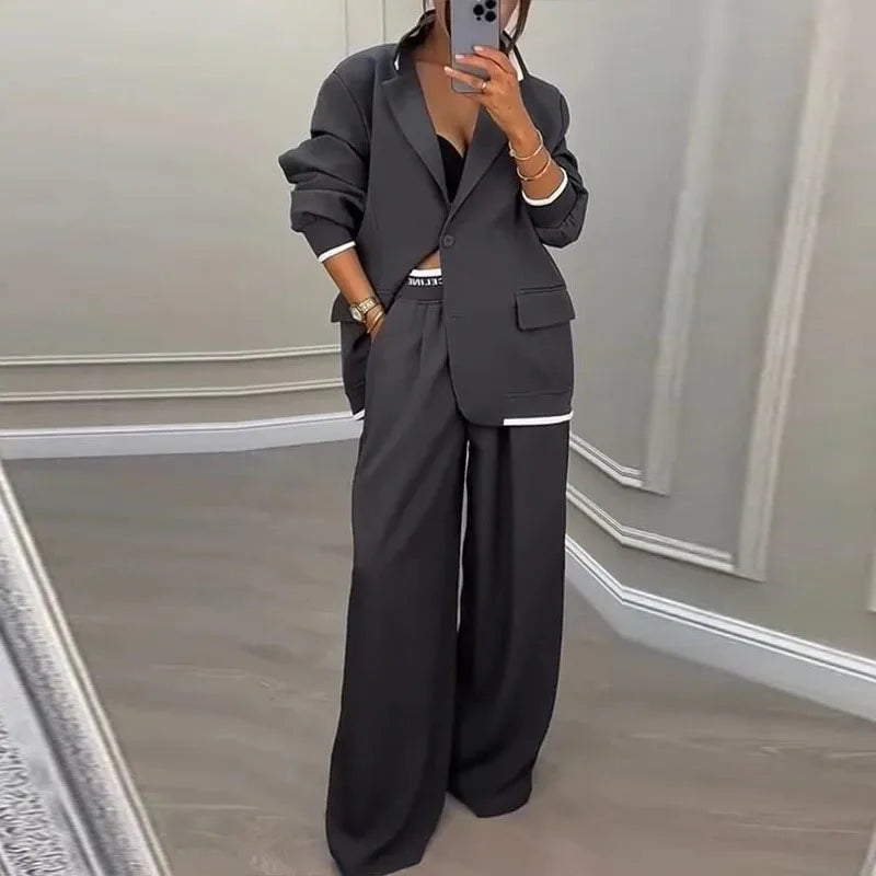 YIKOOLIN Ensemble Femme – Blazer Bouton Unique & Pantalon Large, Look Professionnel Élégant