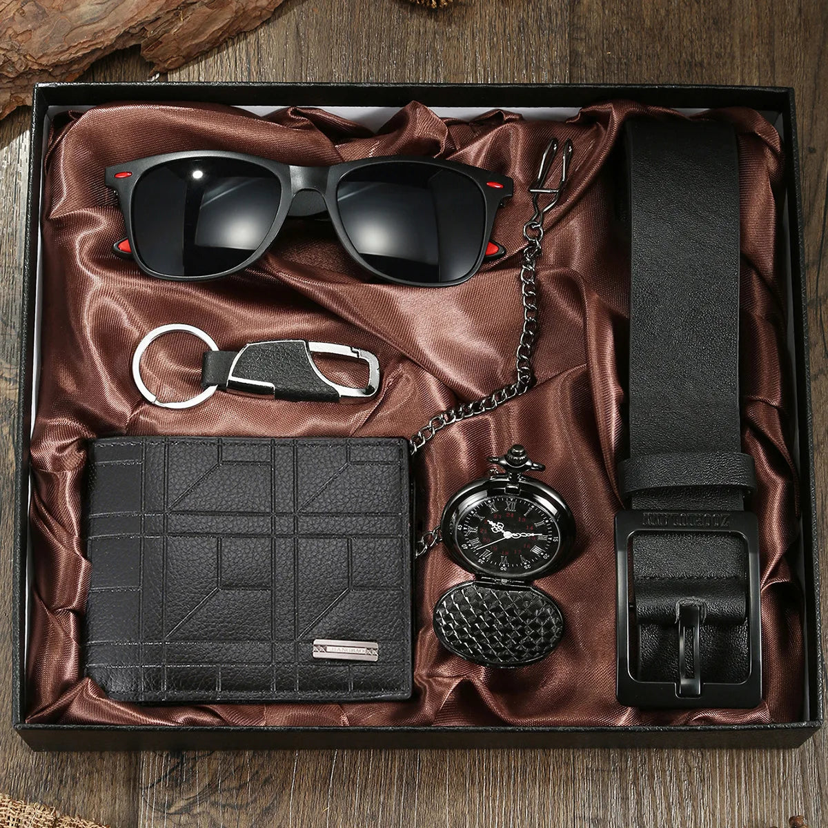 Coffret homme élégant – Montre, accessoires : portefeuille, ceinture, lunettes, porte-clés, tondeuse, cadeau luxe